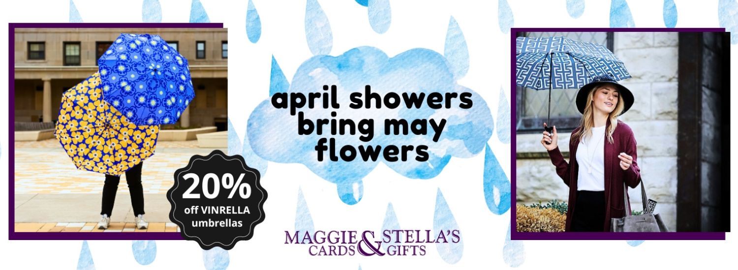 Vinrella sale banner, April showers bring may flowers, 20 percent off Vinrella umbrellas. Click to shop